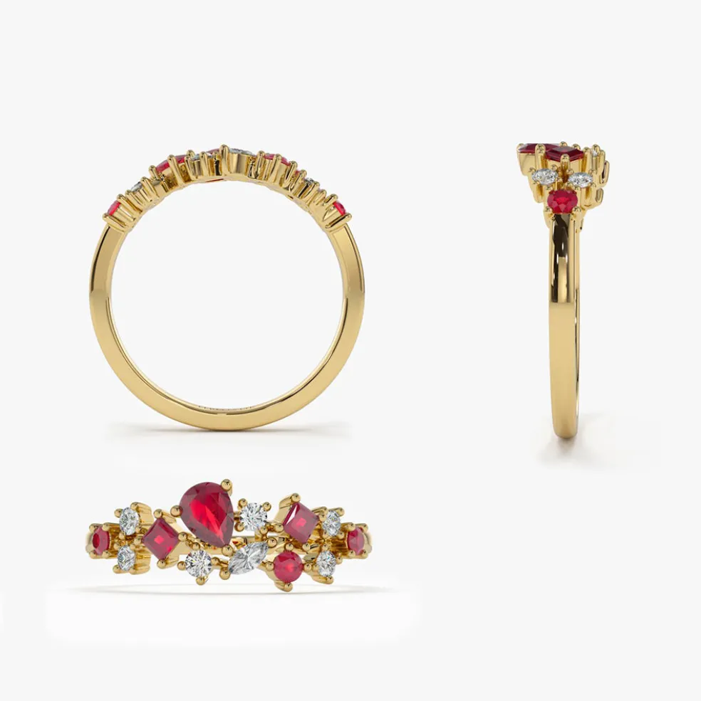 14k Ruby and Diamond Mixed Shape Cluster Ring