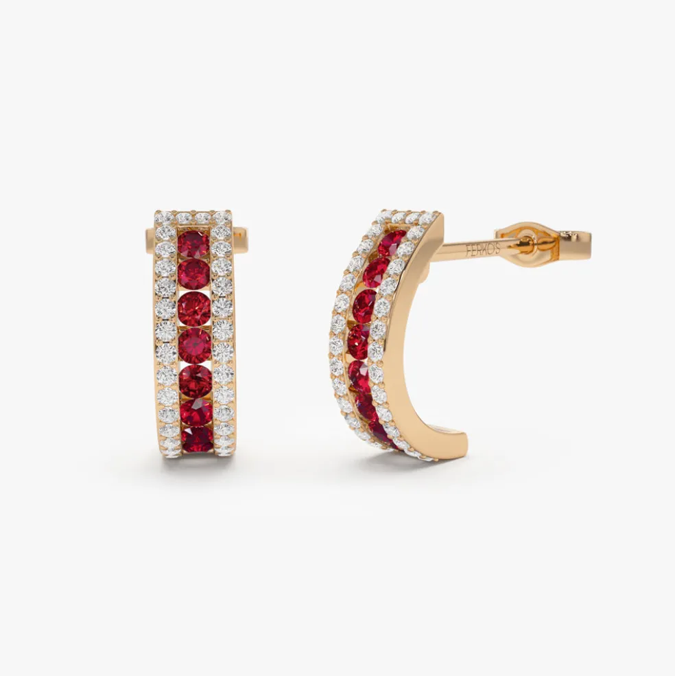 14k Ruby and Round Diamond Hoop Earrings