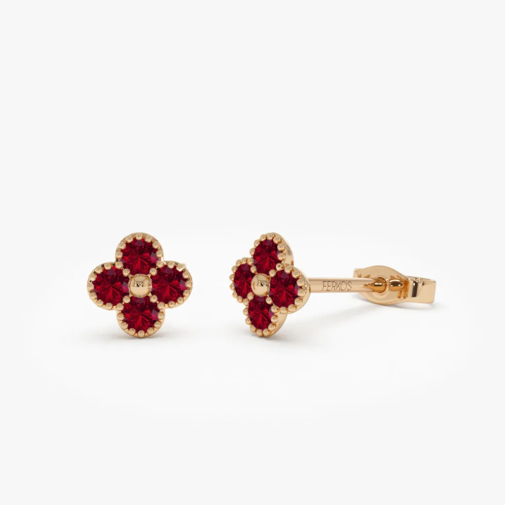 14k Ruby Clover Beaded Studs