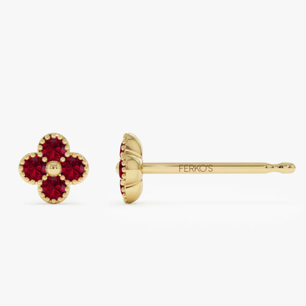 14k Ruby Clover Beaded Studs