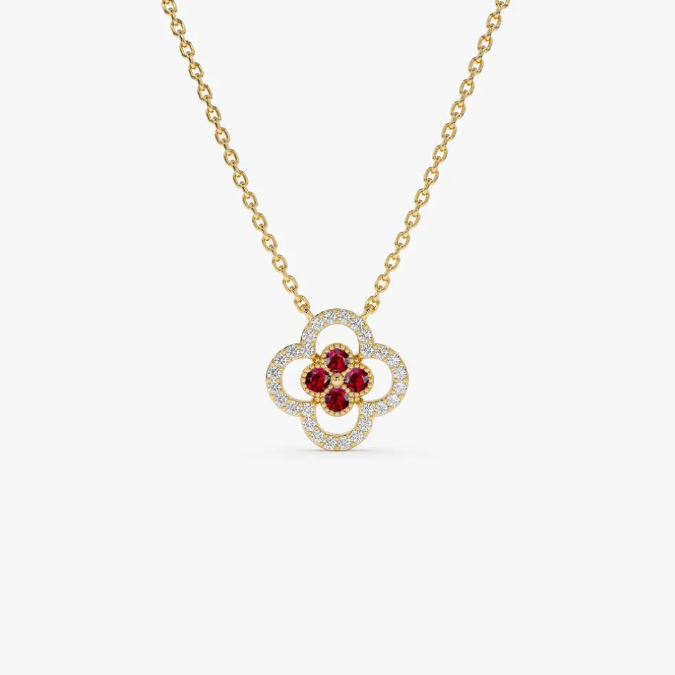 14k Ruby Clover Necklace in Halo Setting