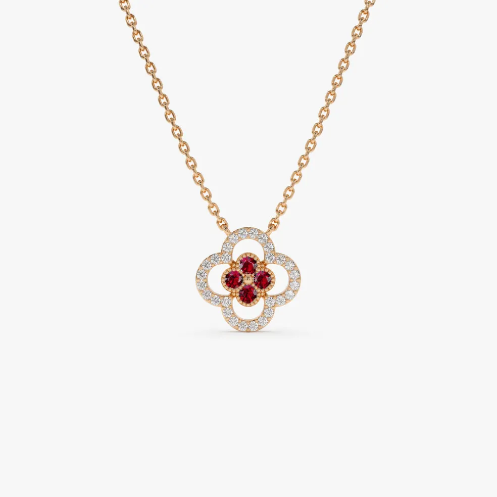 14k Ruby Clover Necklace in Halo Setting