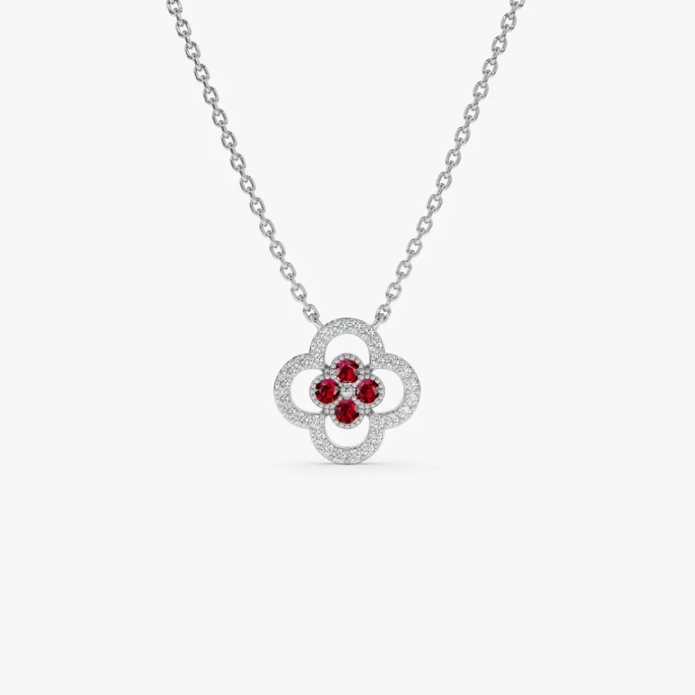 14k Ruby Clover Necklace in Halo Setting