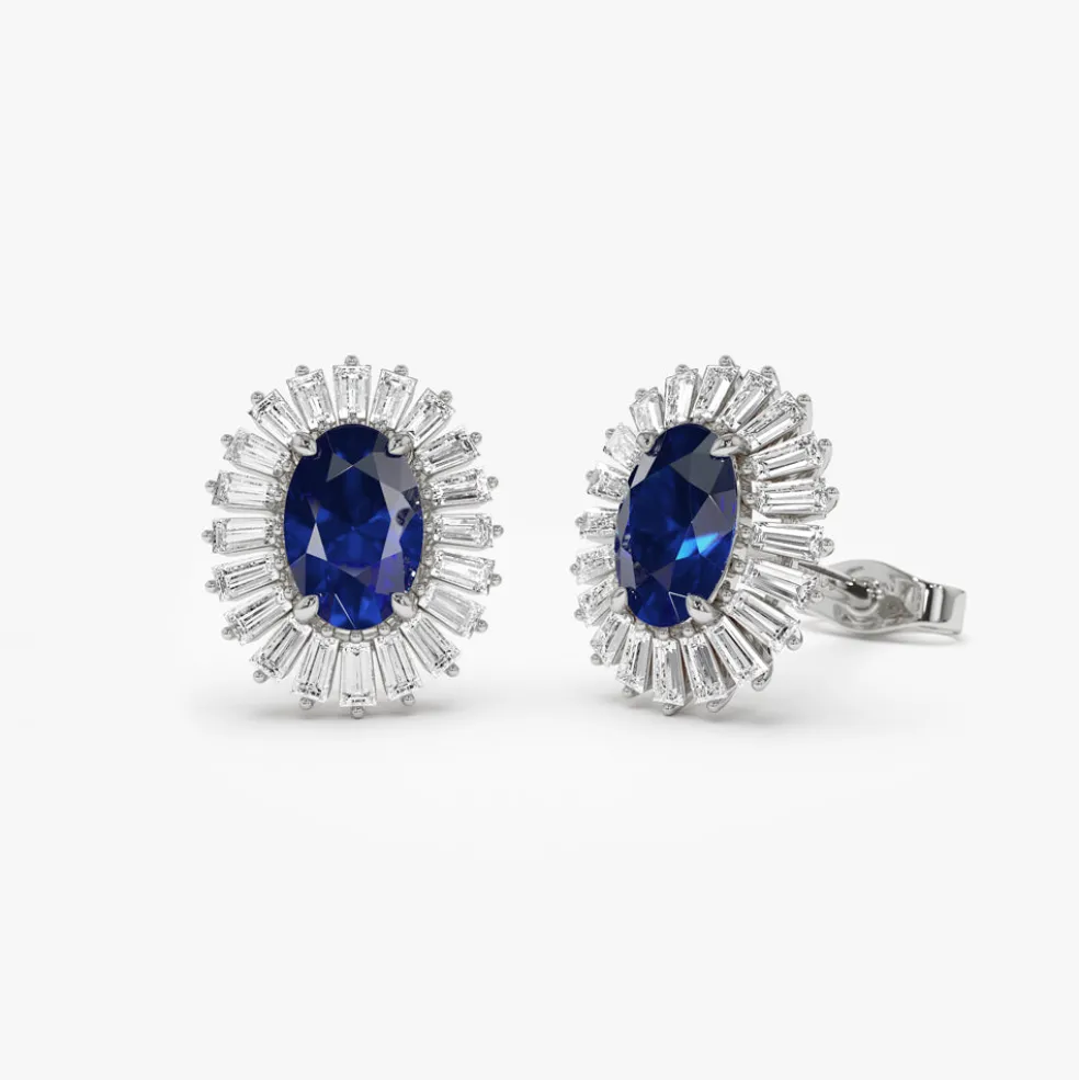 14k Sapphire and Baguette Diamond Ballerina Stud Earrings