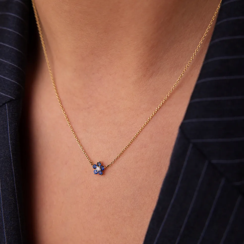 14k Sapphire and Diamond Flower Charm Necklace