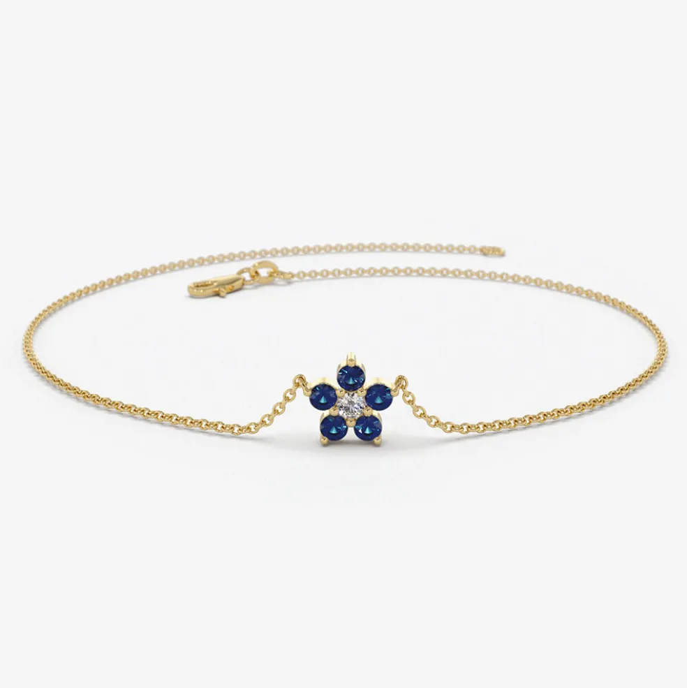 14k Sapphire and Diamond Flower Charm Bracelet