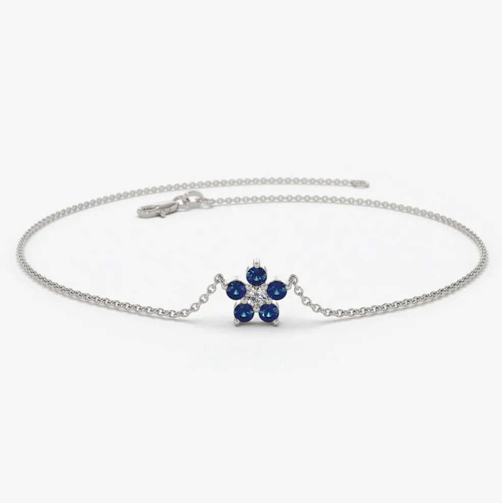14k Sapphire and Diamond Flower Charm Bracelet