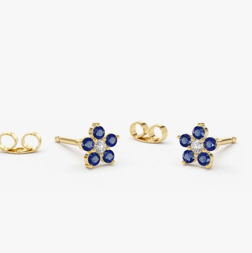14k Sapphire and Diamond Flower Studs