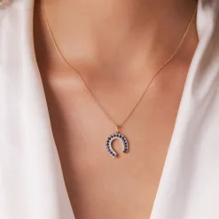 14k Sapphire and Diamond Horseshoe Pendant