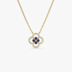 14k Sapphire Clover Necklace in Halo Setting