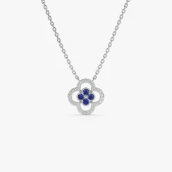 14k Sapphire Clover Necklace in Halo Setting