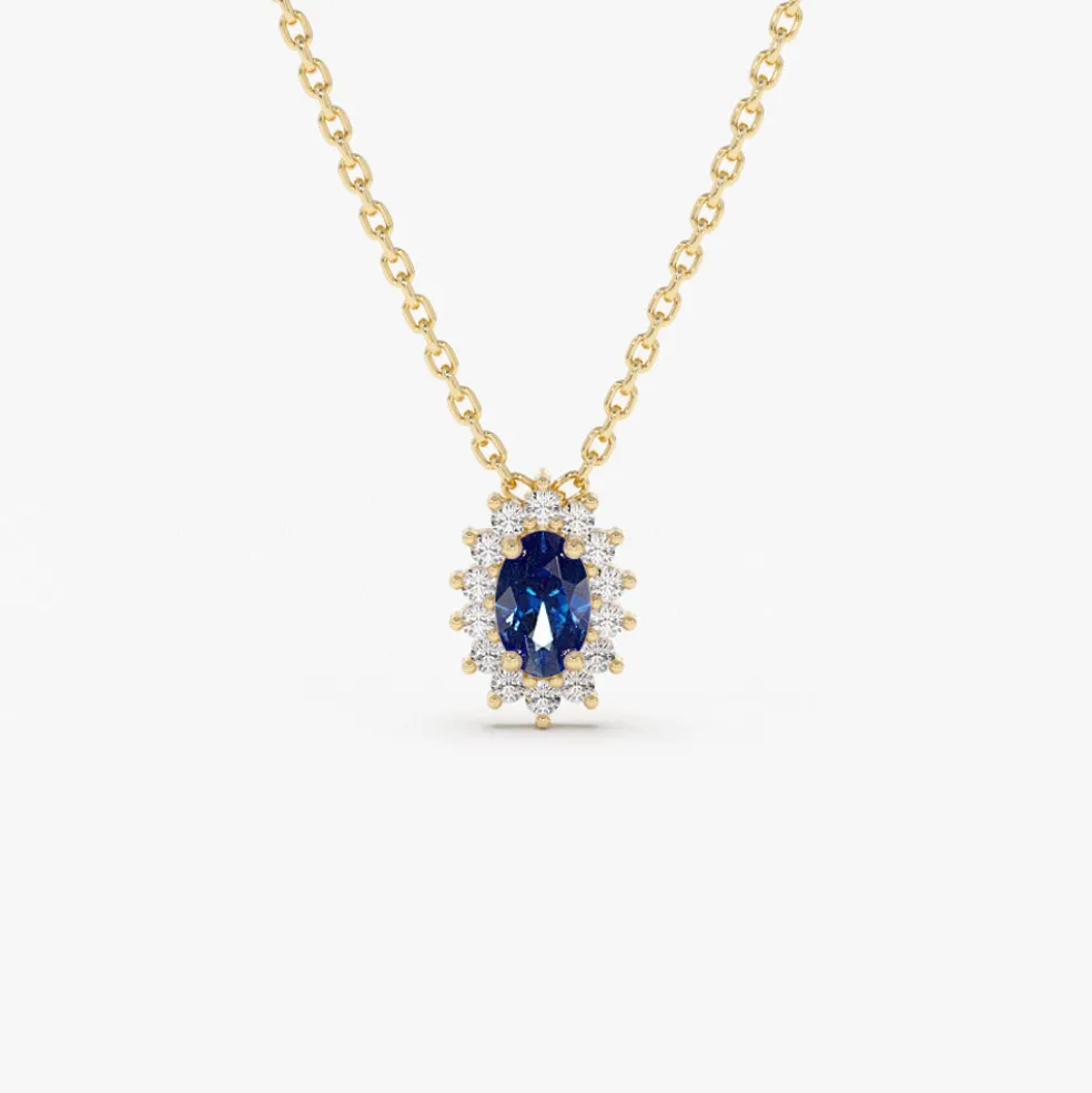 14k Sapphire Necklace with Halo Diamonds Necklace