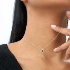 14k Sapphire Necklace with Halo Diamonds Necklace