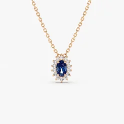 14k Sapphire Necklace with Halo Diamonds Necklace