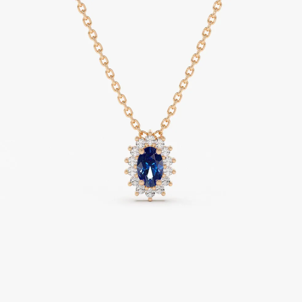 14k Sapphire Necklace with Halo Diamonds Necklace