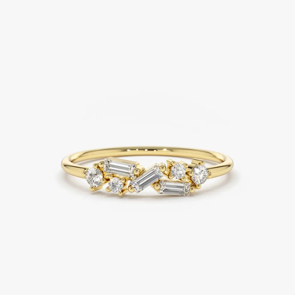14K Scattered Baguette and Round Diamond Ring
