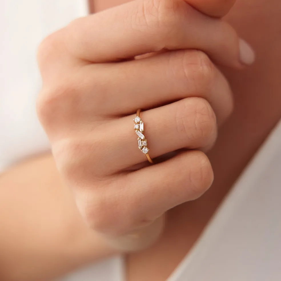 14K Scattered Baguette and Round Diamond Ring