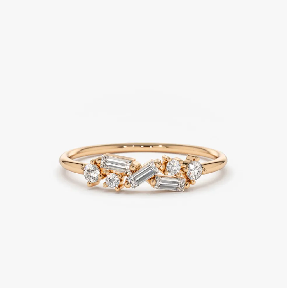 14K Scattered Baguette and Round Diamond Ring