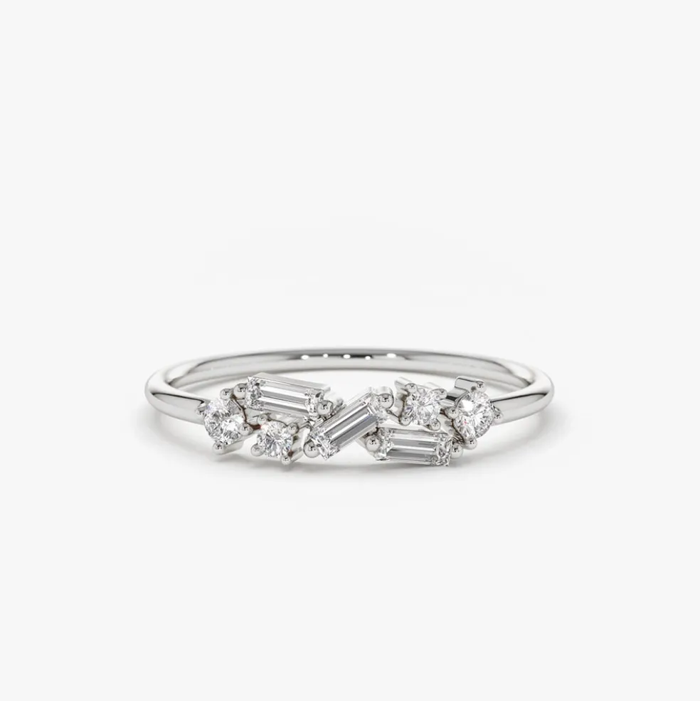 14K Scattered Baguette and Round Diamond Ring