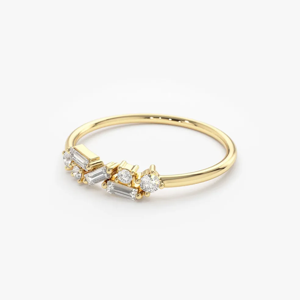 14K Scattered Baguette and Round Diamond Ring