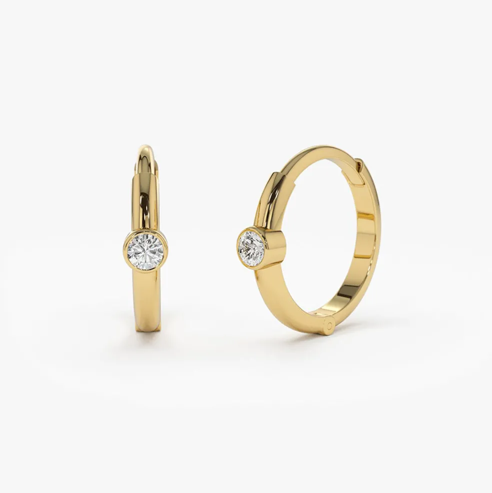 14K Single Bezel Set Diamond Hoops