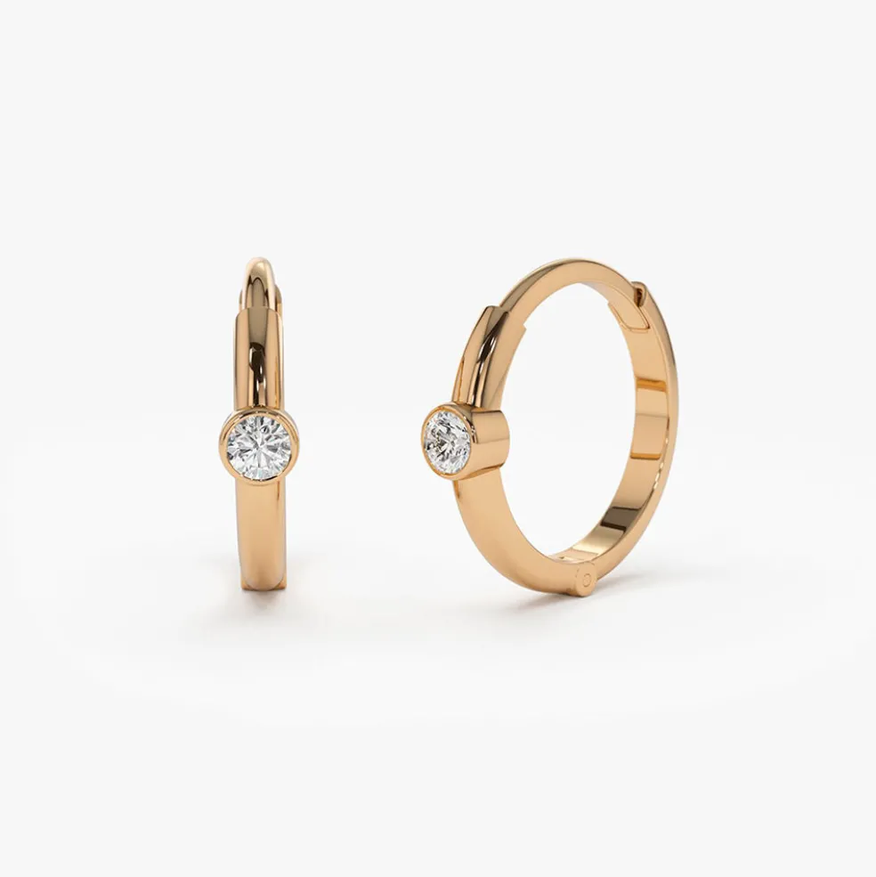 14K Single Bezel Set Diamond Hoops
