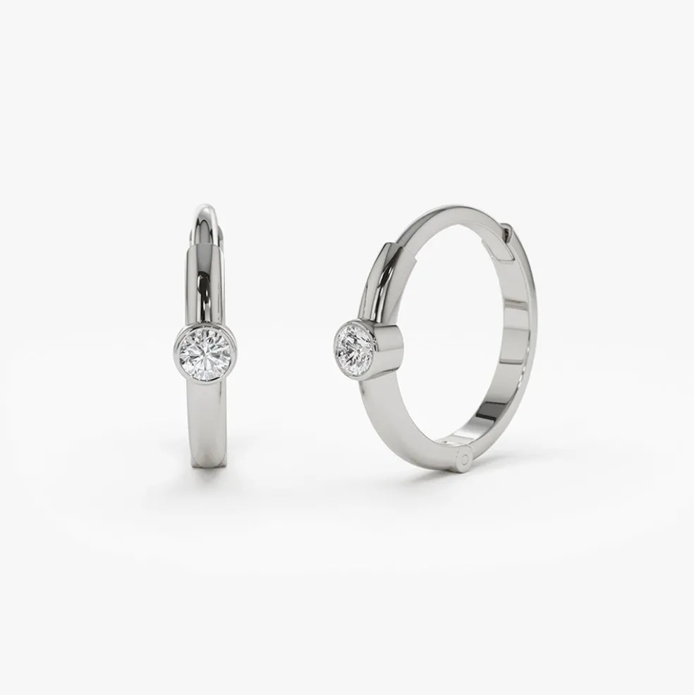 14K Single Bezel Set Diamond Hoops