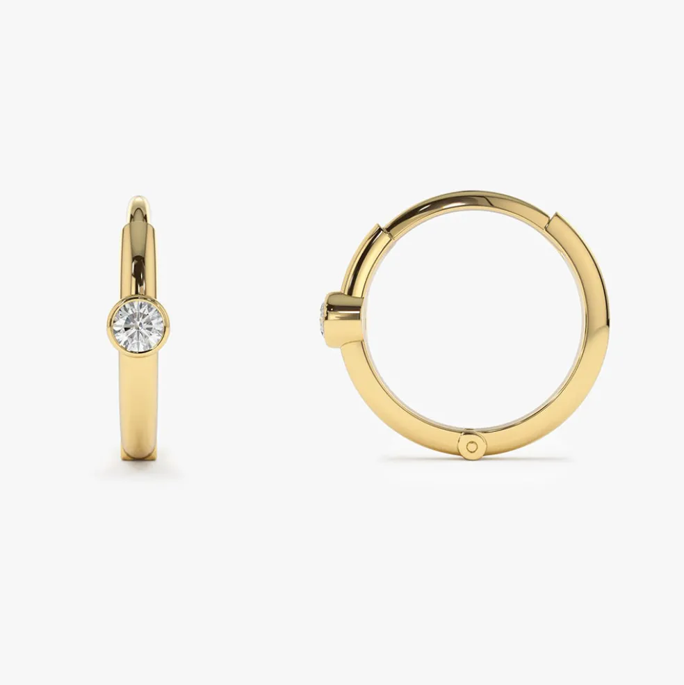 14K Single Bezel Set Diamond Hoops