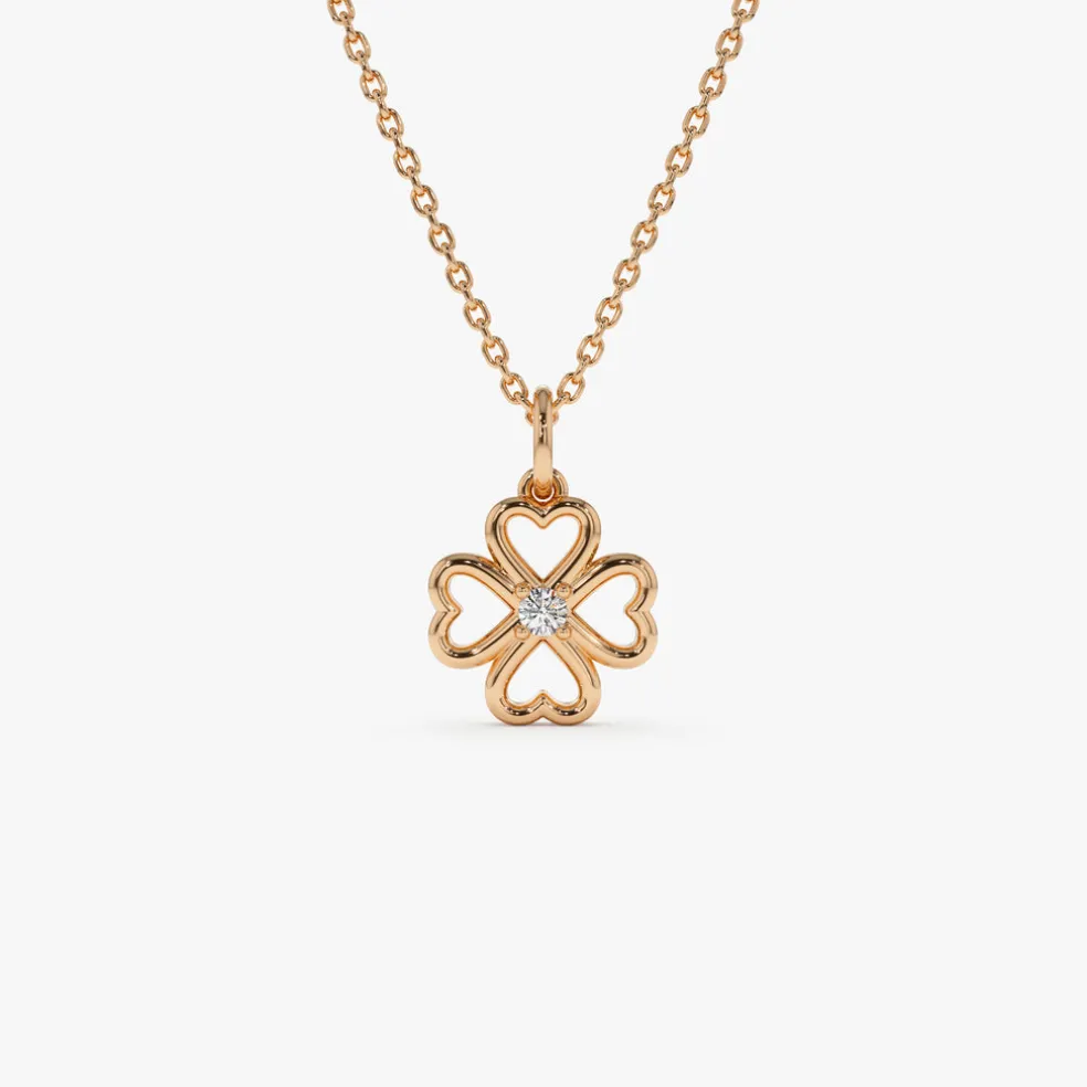14k Single Diamond Clover Necklace