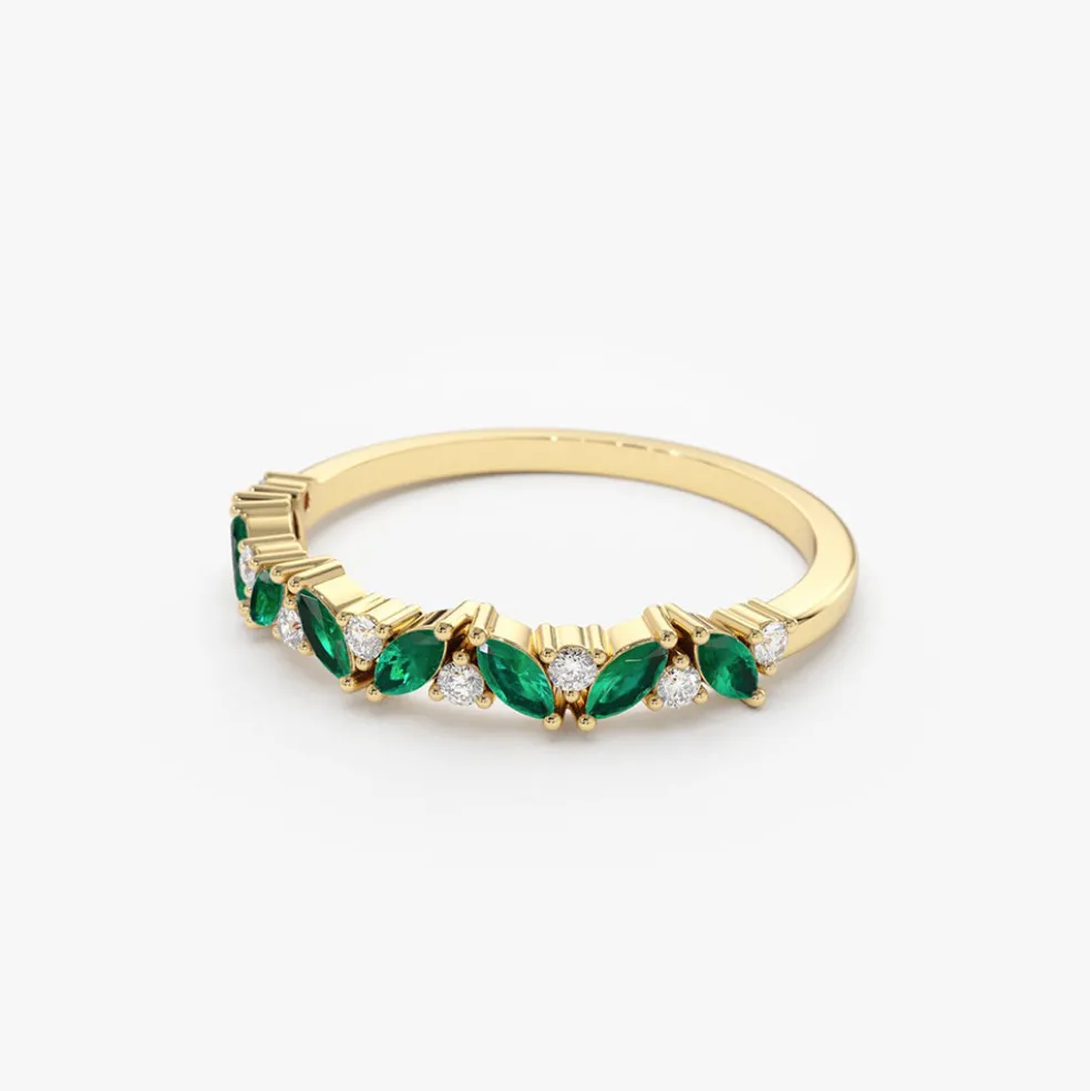14k Slanted Emerald and Round Diamond Ring
