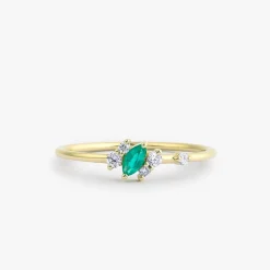 14k Slanted Marquise Emerald and Diamond Ring