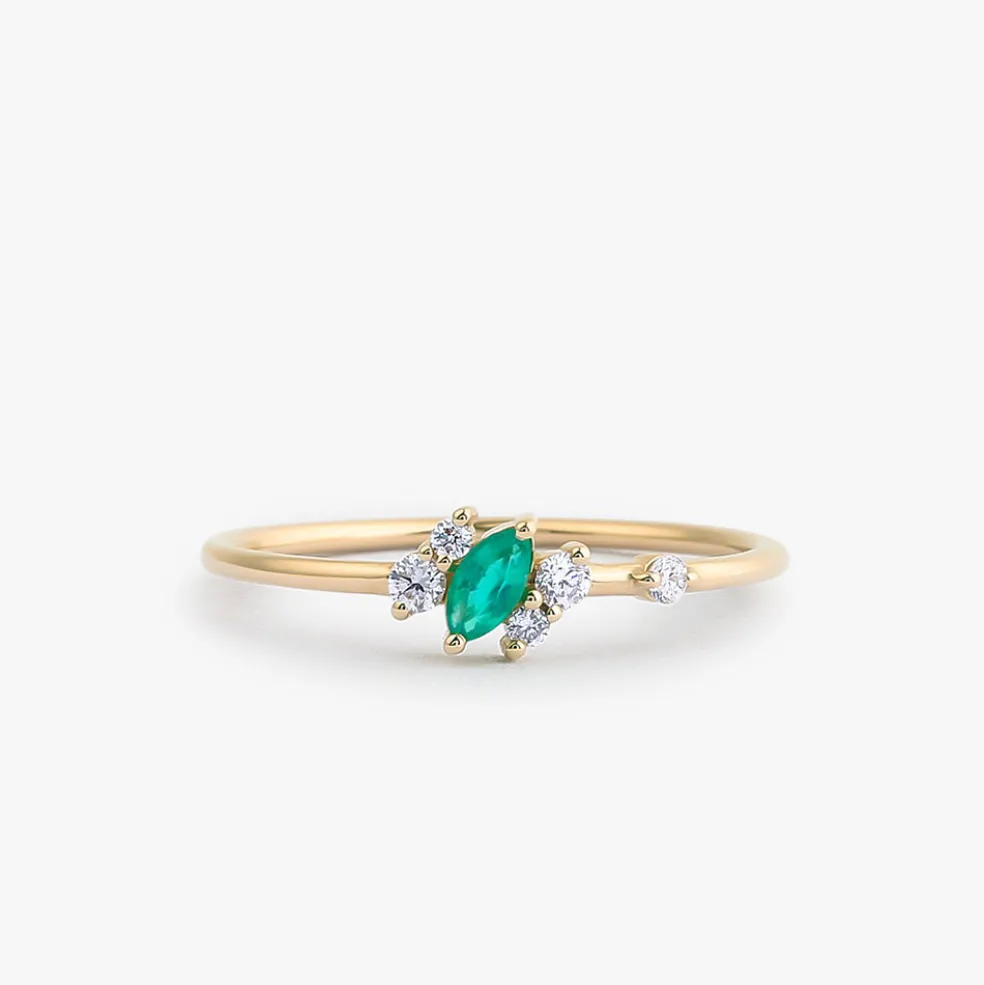 14k Slanted Marquise Emerald and Diamond Ring
