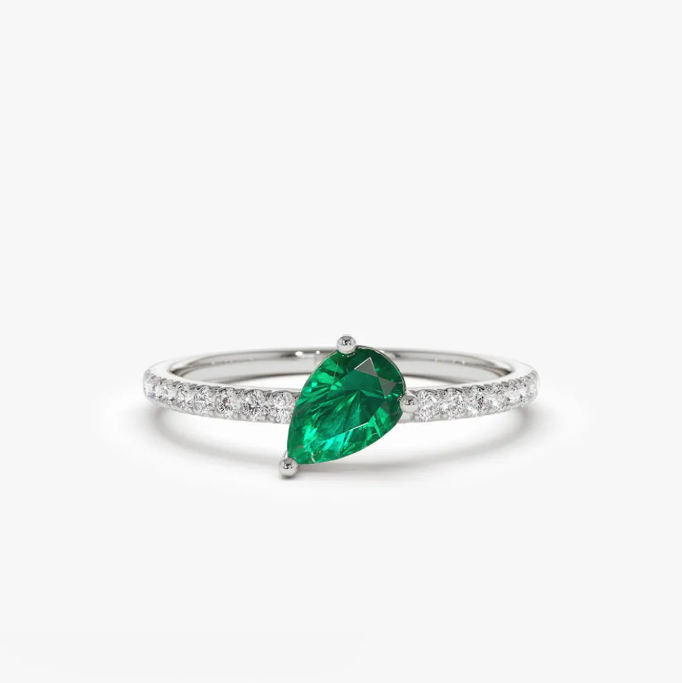 14k Slanted Pear Shape Emerald Ring with Pave Diamonds