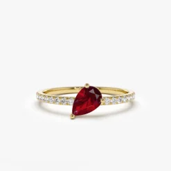 14k Slanted Pear Shape Ruby Ring with Pave Diamonds