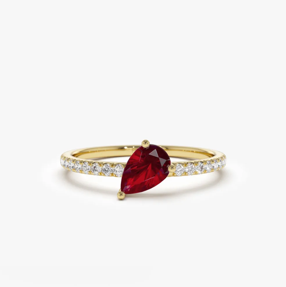 14k Slanted Pear Shape Ruby Ring with Pave Diamonds