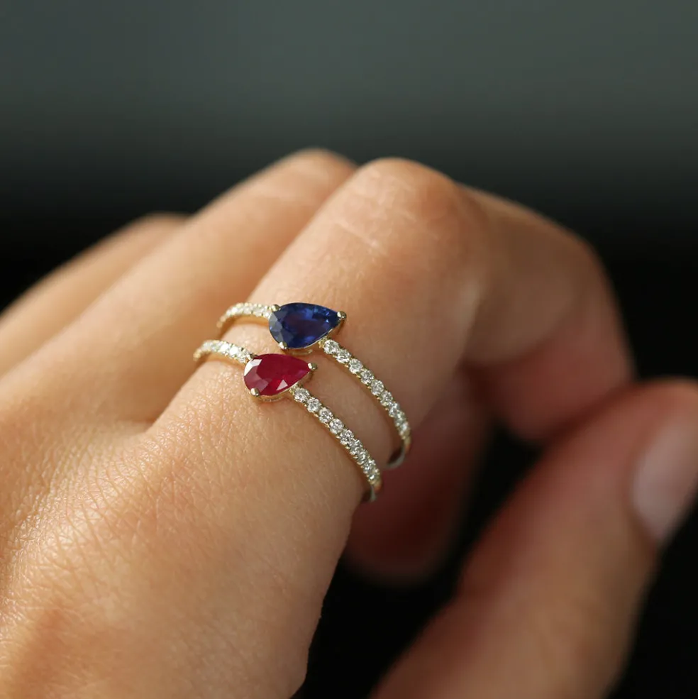 14k Slanted Pear Shape Ruby Ring with Pave Diamonds