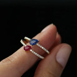14k Slanted Pear Shape Ruby Ring with Pave Diamonds