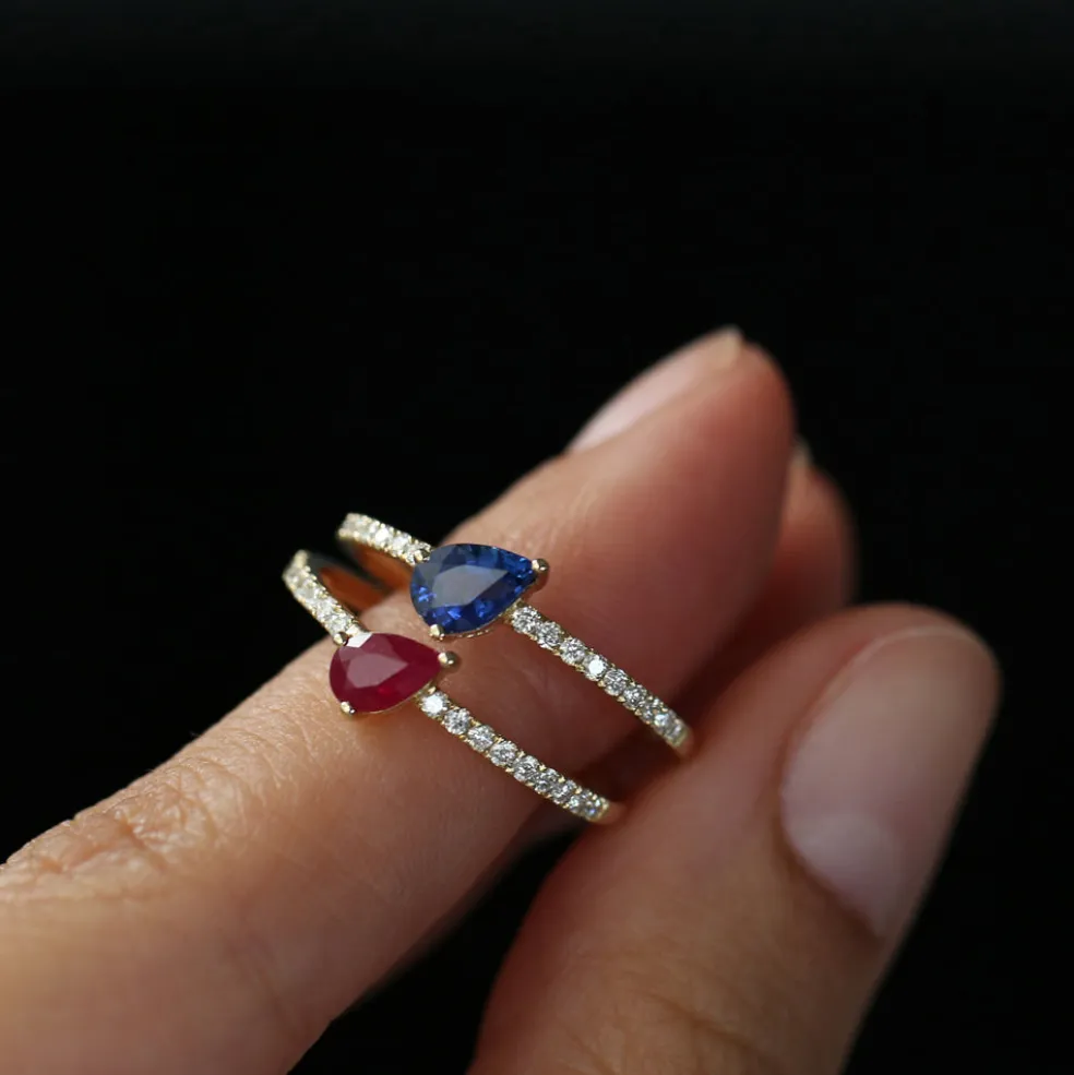 14k Slanted Pear Shape Ruby Ring with Pave Diamonds