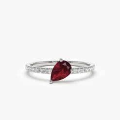 14k Slanted Pear Shape Ruby Ring with Pave Diamonds