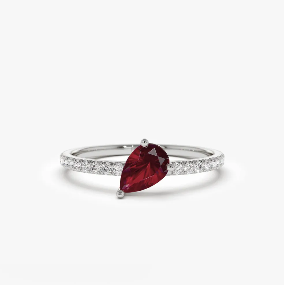14k Slanted Pear Shape Ruby Ring with Pave Diamonds