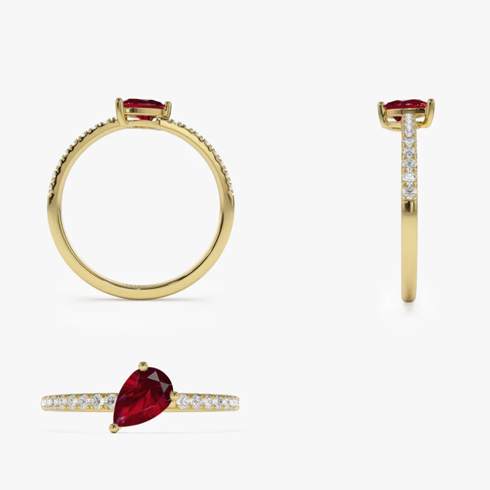 14k Slanted Pear Shape Ruby Ring with Pave Diamonds