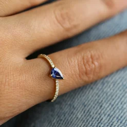 14k Slanted Pear Shape Sapphire Ring with Pave Diamonds