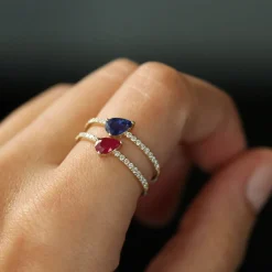 14k Slanted Pear Shape Sapphire Ring with Pave Diamonds
