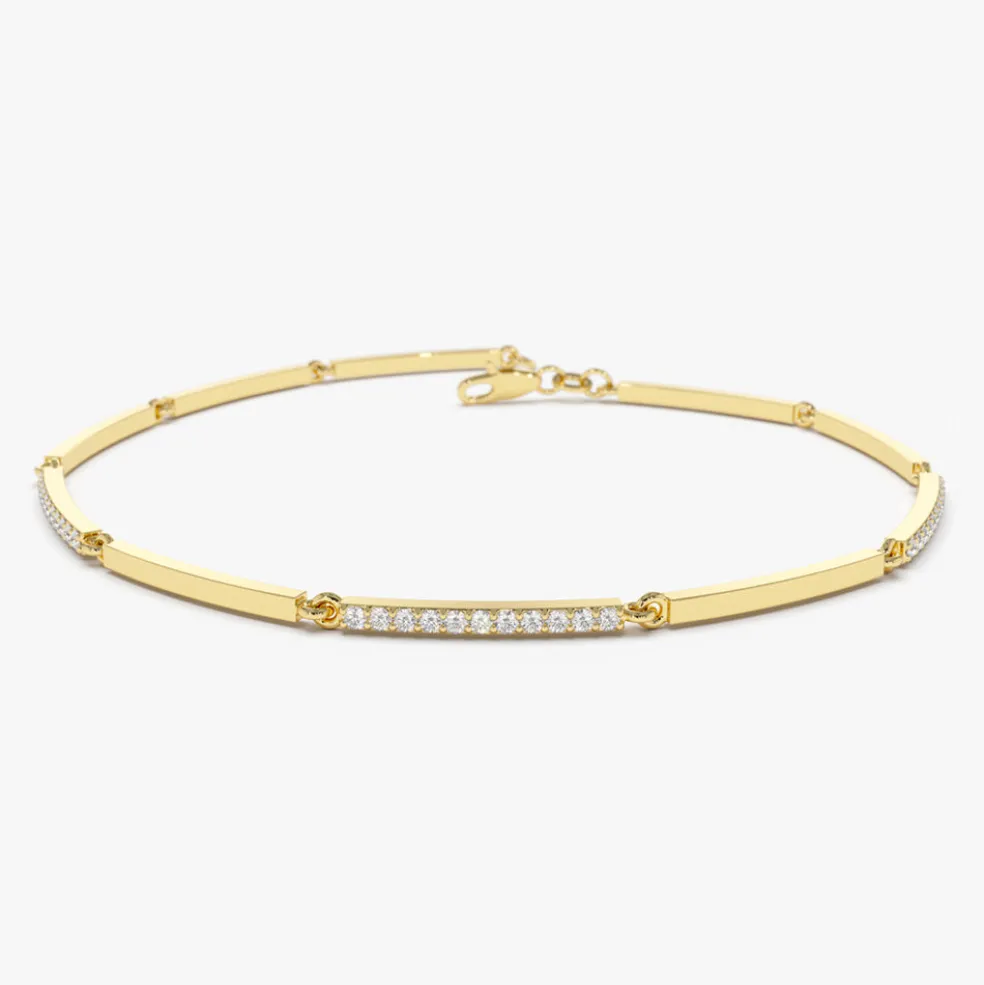 14k Solid Gold & Pave Diamond Bar Bracelet