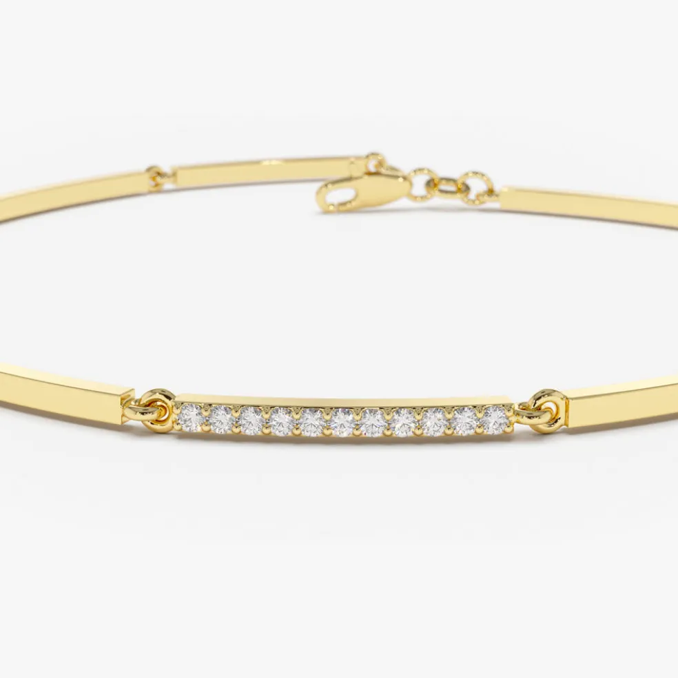 14k Solid Gold & Pave Diamond Bar Bracelet