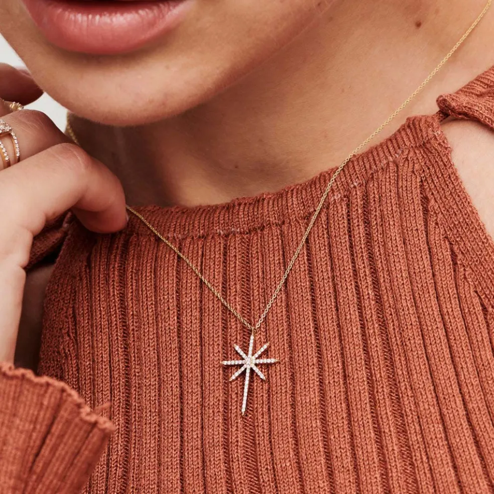 14k Solid Gold Celestial North Star Diamond Necklace