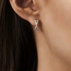 14k Solid Gold Criss Cross Pave Diamond Earrings