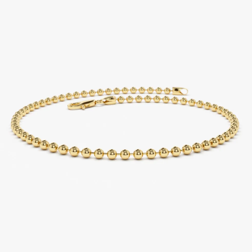 14K Solid Gold 2MM Bead Chain Bracelet