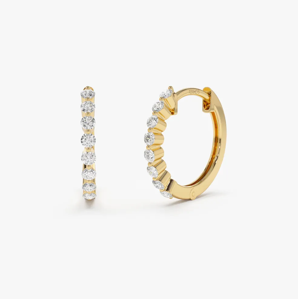 14k Solid Gold Shared Prong Diamond Hoop Earrings