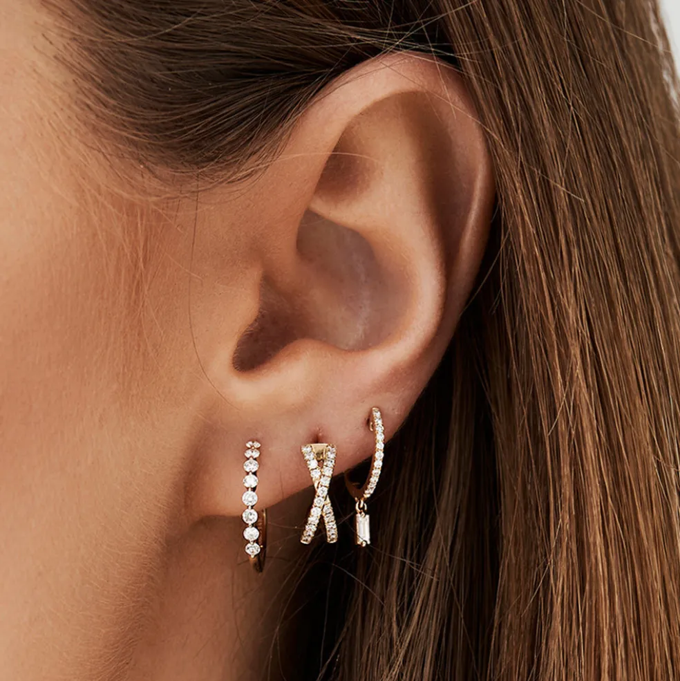 14k Solid Gold Shared Prong Diamond Hoop Earrings